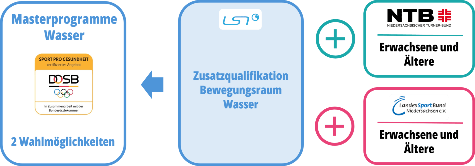 Grafik mit Logo des DOSB, Informationen zur Zusatzqualifikation "Bewegungsraum Wasser" und Logos von NTB und Landessportbund.