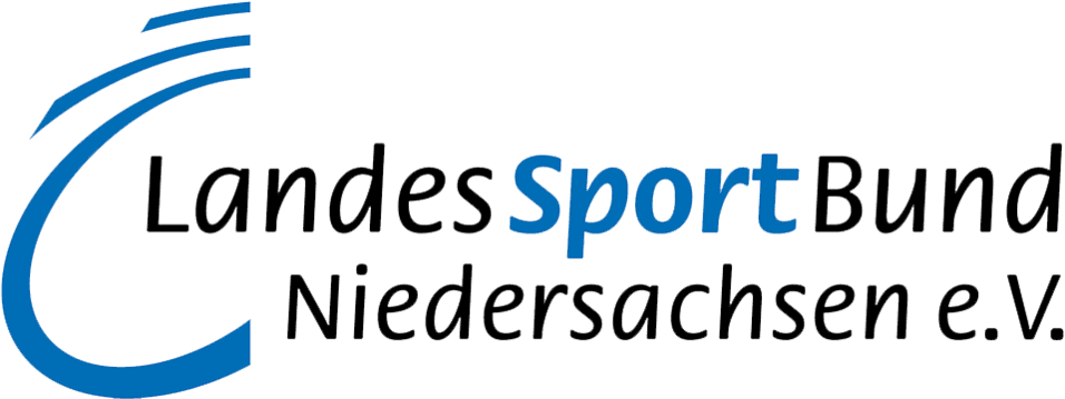 Logo des LandesSportBund Niedersachsen e.V. in Blau und Schwarz mit stilisierten Linien.