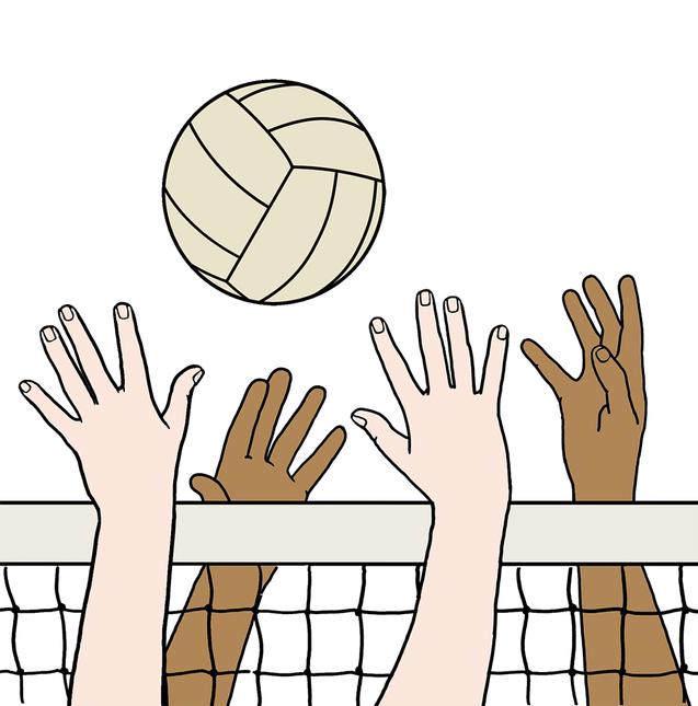 Hände von Spielern strecken sich nach einem Volleyball über ein Netz in einem minimalistischen Grafikstil.