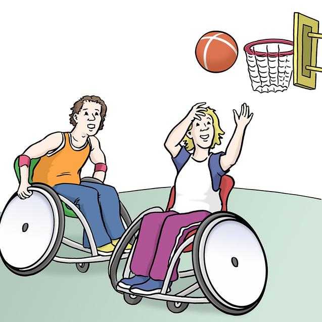 Zwei Personen im Rollstuhl spielen Basketball, während ein Spieler den Ball zum Korb wirft.