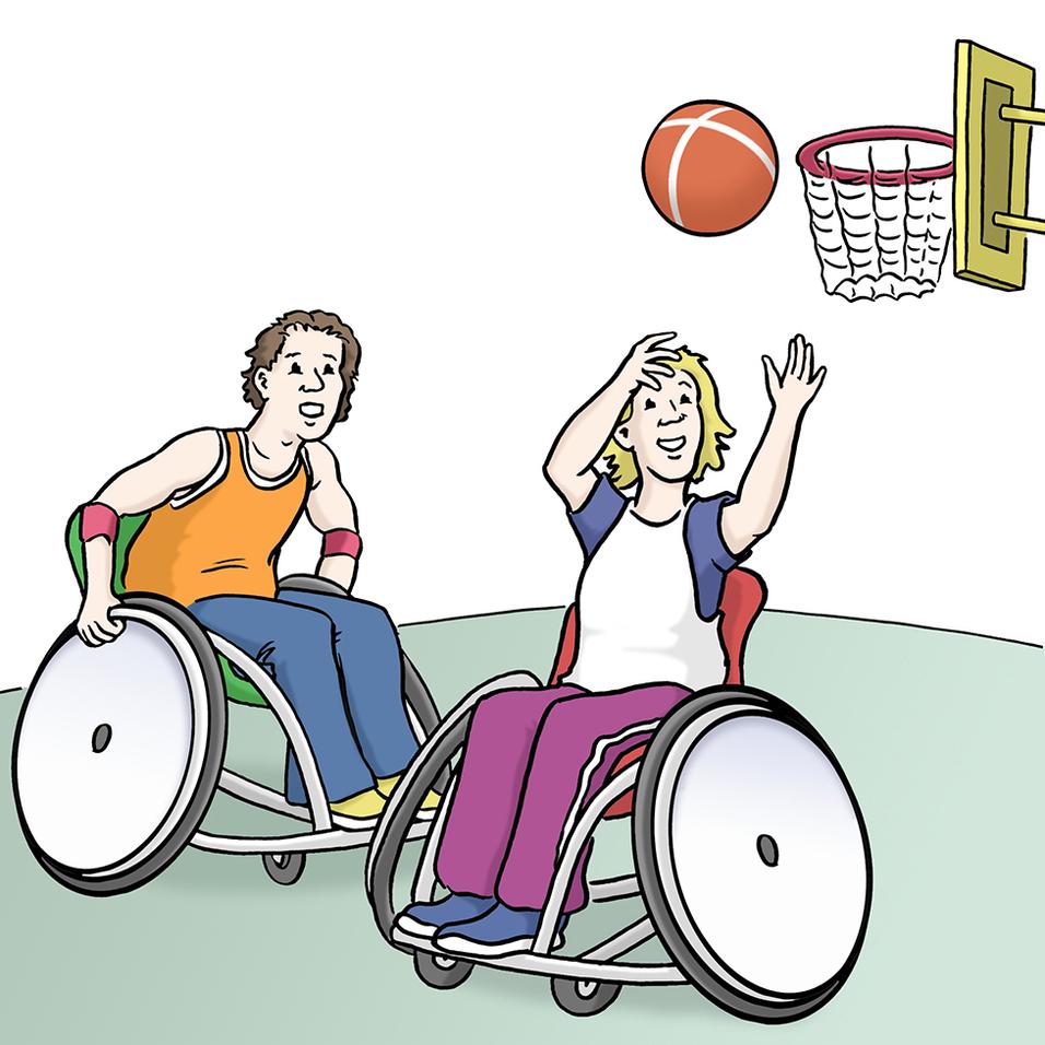 Zwei Personen im Rollstuhl spielen Basketball, während ein Spieler den Ball zum Korb wirft.
