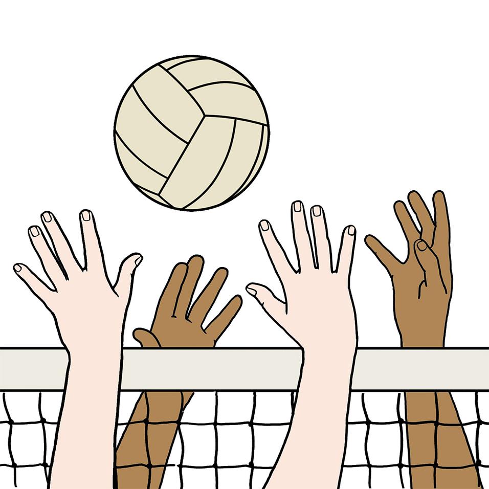 Hände von Spielern strecken sich nach einem Volleyball über ein Netz in einem minimalistischen Grafikstil.