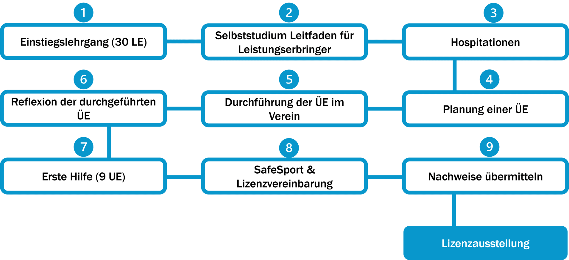 Flussdiagramm zur Lizenzausstellung mit verschiedenen Entscheidungspunkten und Prozessen, in blau auf schwarzem Hintergrund.