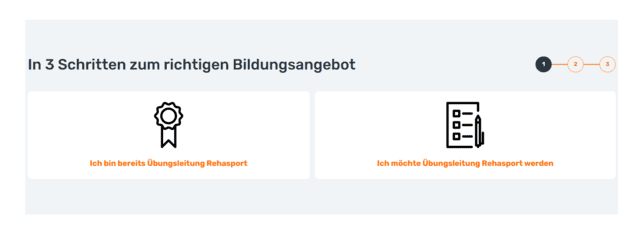 Grafik mit zwei Auswahloptionen: "Ich bin bereits in &Uuml;bungsleitung Reha-Sport" und "Ich m&ouml;chte &Uuml;bungsleitung Reha-Sport werden."