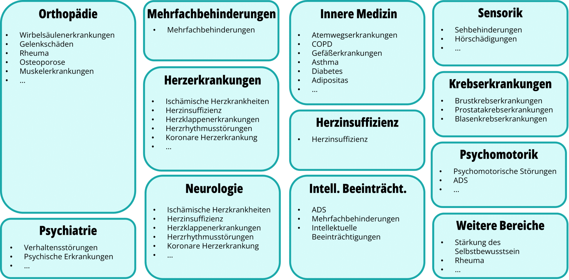 Mindmap zu medizinischen Fachgebieten mit verschiedenen Erkrankungen, kategorisiert in spezifische Bereiche.
