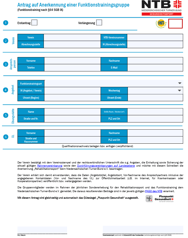 Antrag auf Anerkennung einer Funktionstrainingsgruppe mit leeren Feldern für Verein, Ansprechpartner und weitere Details.