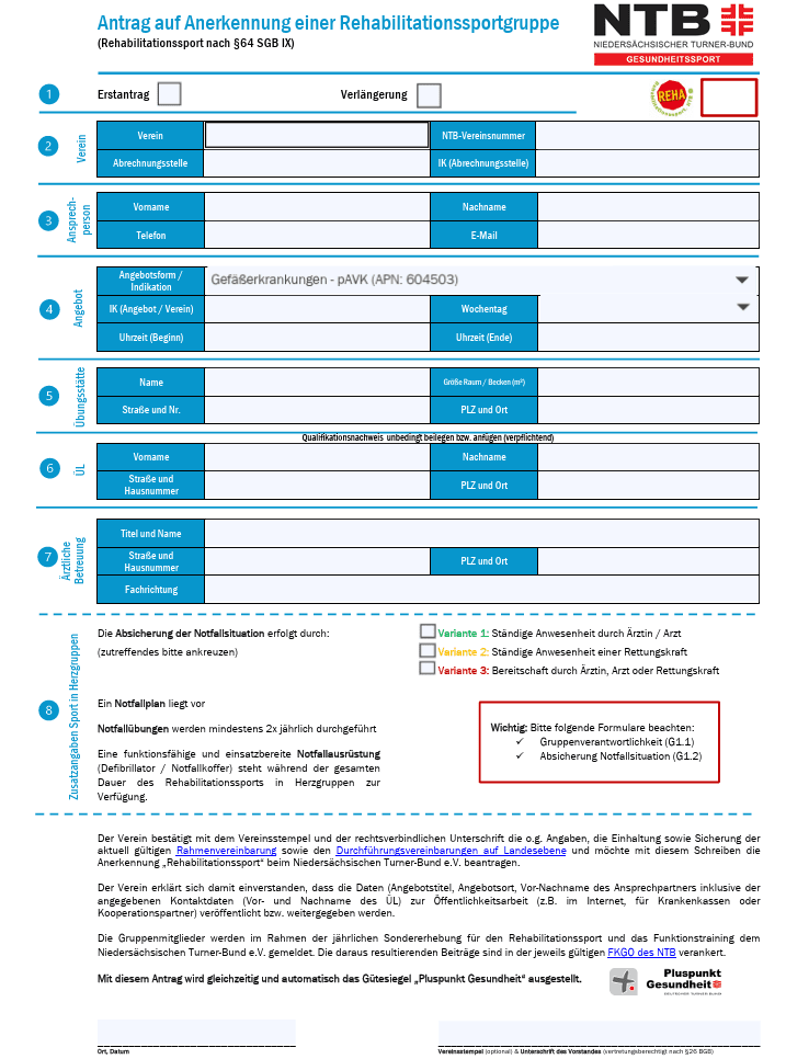 Formular zur Antragstellung auf Anerkennung einer Rehabilitationssportgruppe mit strukturierter Übersicht der benötigten Daten.