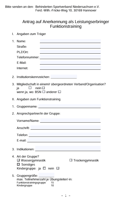 Antragsformular zur Anerkennung als Leistungserbringer f&uuml;r Funktionstraining mit erforderlichen Angaben.