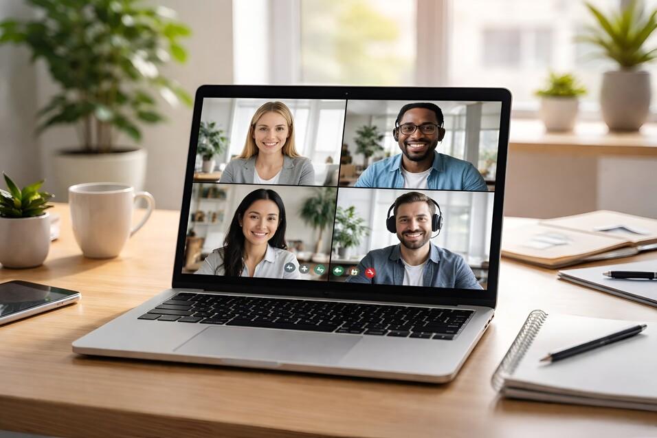 Laptop mit vier Teilnehmenden in einem Videoanruf, umgeben von Pflanzen und Büromaterial auf einem Tisch.
