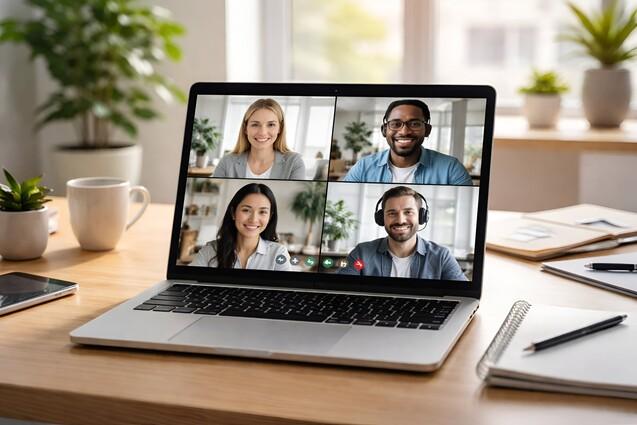 Laptop mit vier Teilnehmenden in einem Videoanruf, umgeben von Pflanzen und B&uuml;romaterial auf einem Tisch.