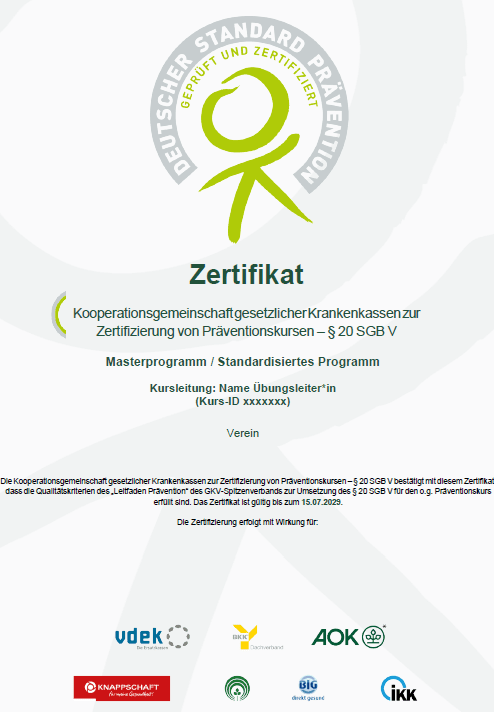 Zertifikat zur Anerkennung eines Präventionsprogramms mit Logos von Krankenkassen und gültigkeitsbezogenen Angaben.