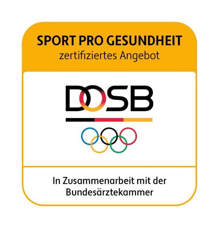 Logo für "Sport pro Gesundheit" mit dem DOSB-Logo und dem Hinweis auf die Zusammenarbeit mit der Bundesärztekammer.