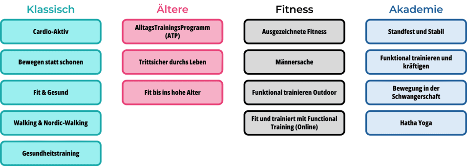 Tabelle mit verschiedenen Fitnessprogrammen, unterteilt in Kategorien: Bewegung, Pr&auml;vention und Alternativen.