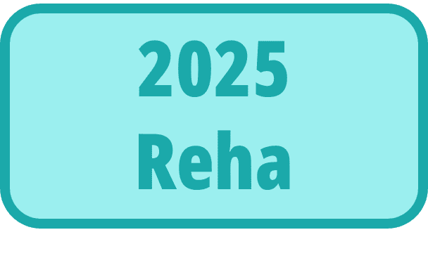 Türkisfarbener Hintergrund mit dem Text „2025 Reha“ in großen, klaren Schriftzügen.