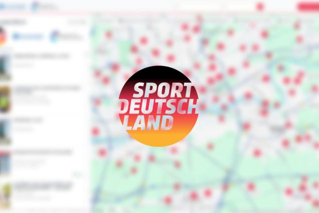 Logo von "Sport Deutschland" auf einer unscharfen Hintergrundkarte mit mehreren Markierungen.